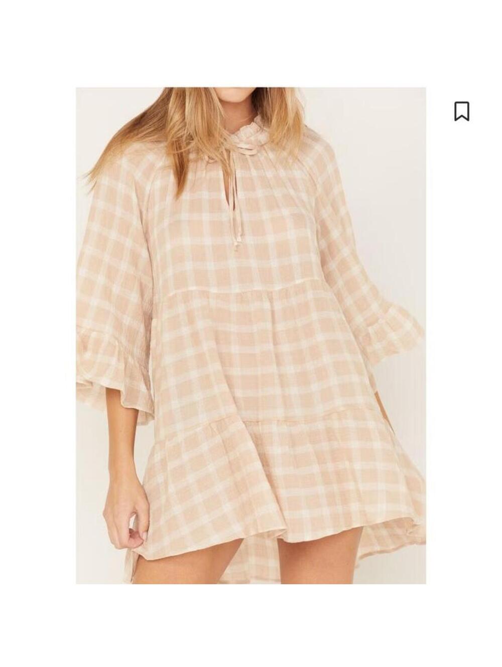 NWT Show Me Your MuMu Viola Plaid Bell Sleeve Mini Dress Beige/ Cream Women’s XS - Picture 14 of 15
